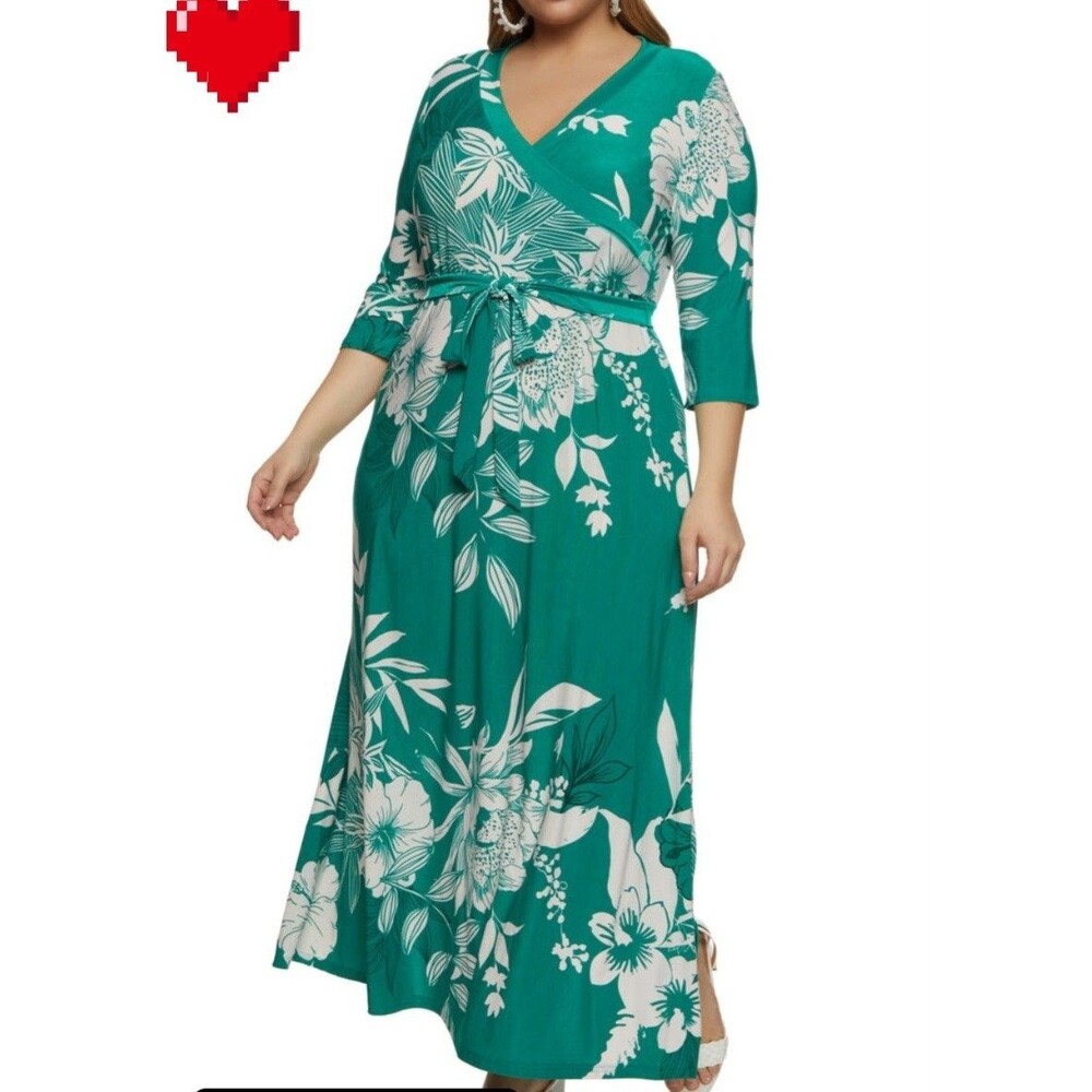 Mlle Gabrielle Women's Floral Faux Wrap Maxi Dress Green 1X (16)